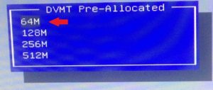 Page de configuration du BIOS DVMT Pre-Allocated